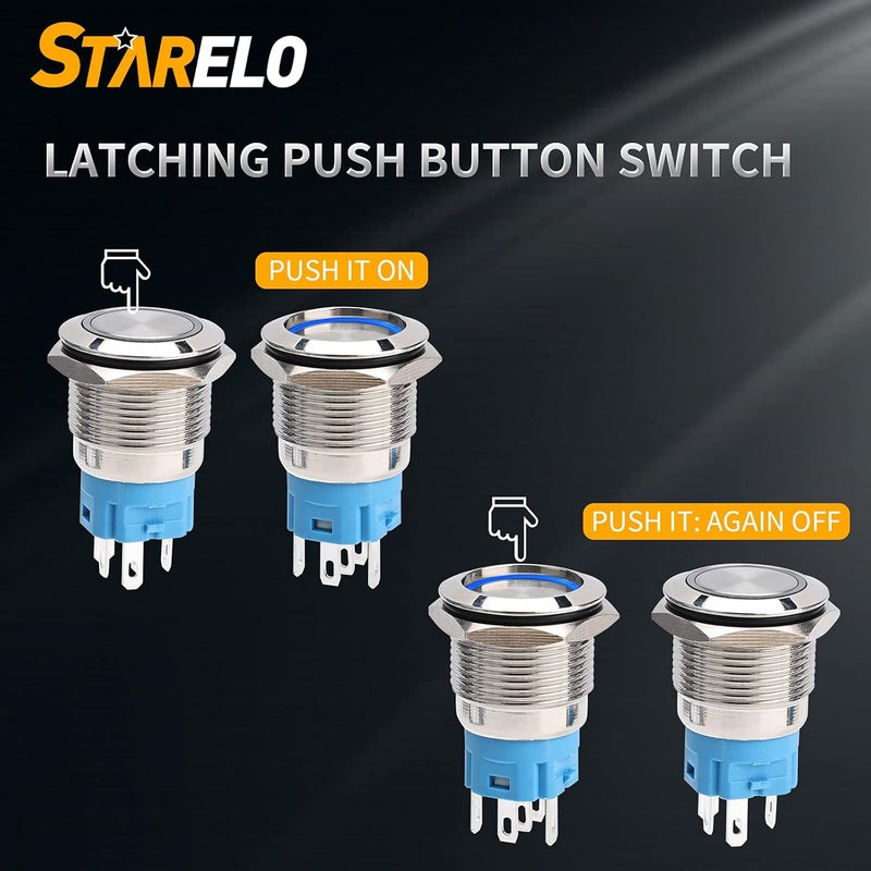 STARELO 5pcs 19mm Latching led Push Button Switch Sliver Shell, IP65 Waterproof Push Button Switch,1NO 1 NC with Wire Socket Plug,Self-Locking with LED(Blue). - Image 5